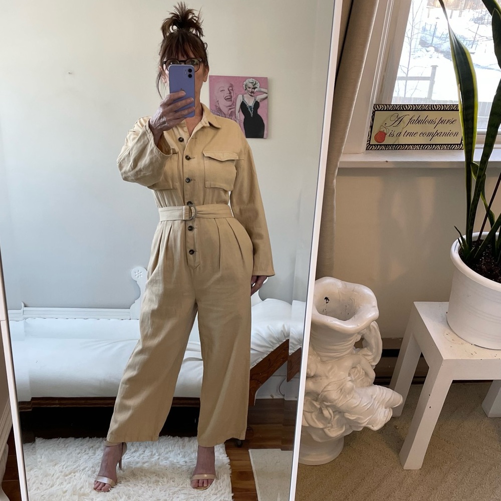 COTTON BEIGE TAN LONG SLEEVE JUMPSUIT POCKETS ADJUSTABLE BELT WIDE LEG BUTTONS